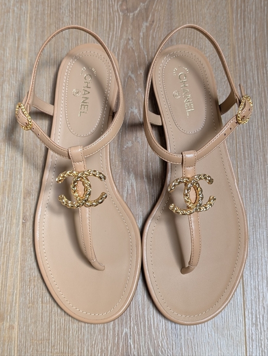 CHANEL Shoes - CHANEL Tan Leather T-Strap Sandals with Gold CC Hardware